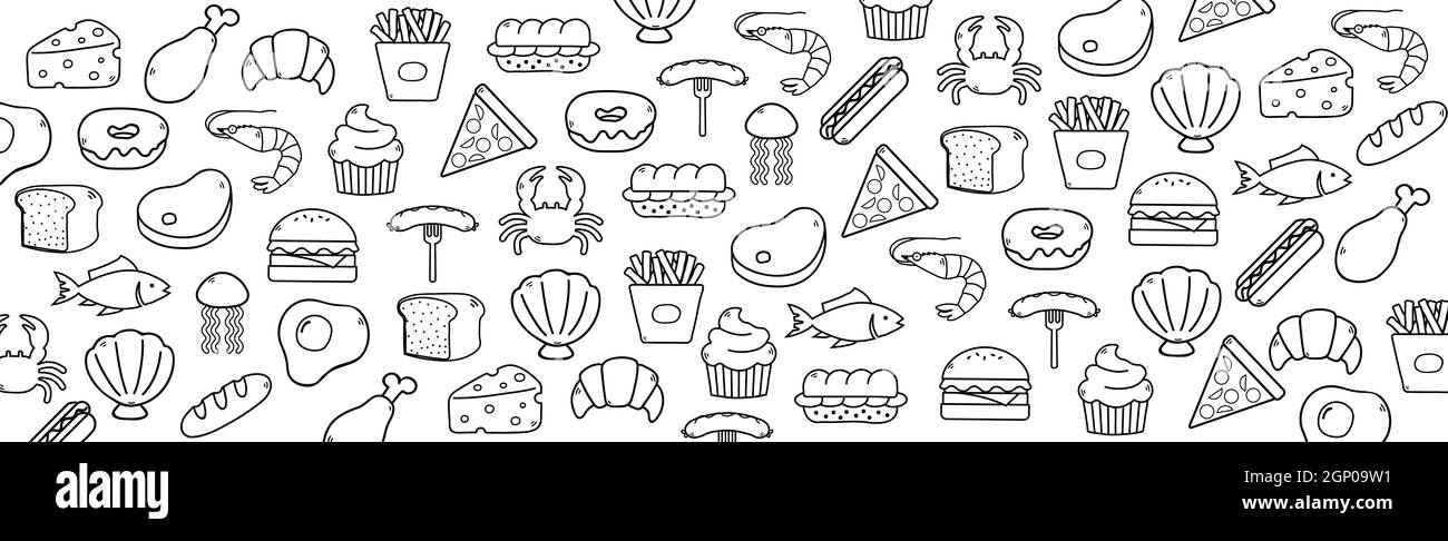 Astratto sfondo bianco con elementi di cibo utile - Vector illustrazione Foto Stock