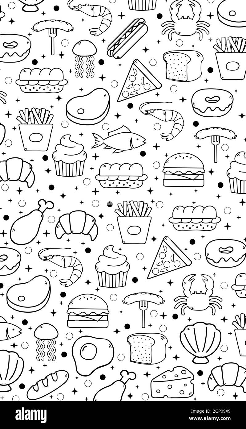 Astratto sfondo bianco con elementi di cibo utile - Vector illustrazione Foto Stock