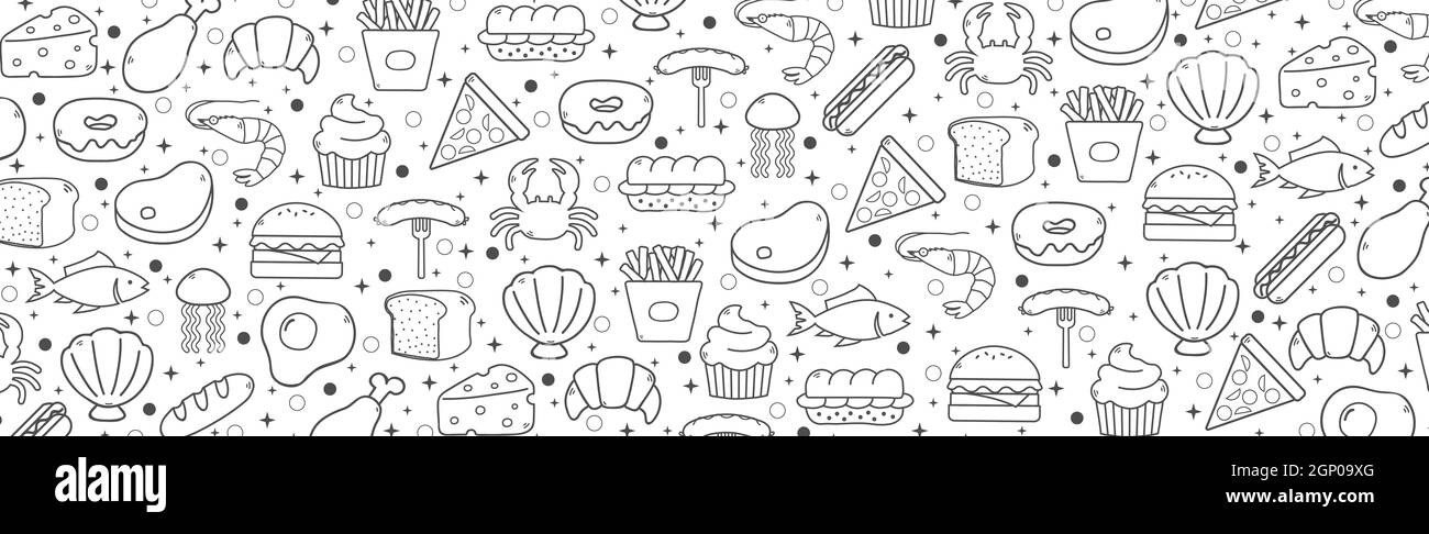 Astratto sfondo bianco con elementi di cibo utile - Vector illustrazione Foto Stock