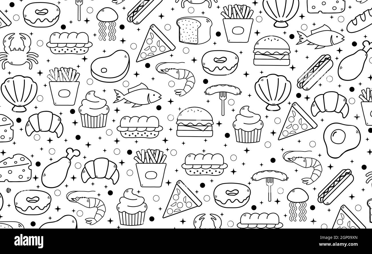 Astratto sfondo bianco con elementi di cibo utile - Vector illustrazione Foto Stock