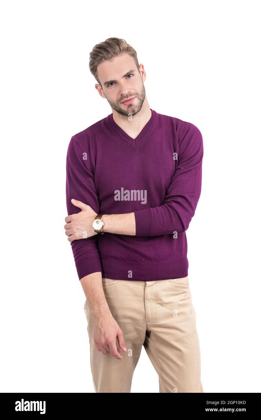 Bel ragazzo indossare abbigliamento casual stile isolato su bianco, moda Foto Stock