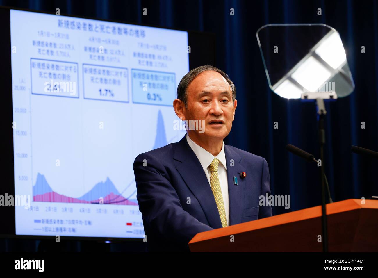 Tokyo, Giappone. 28 settembre 2021. Il primo ministro giapponese Yoshihide Suga parla durante una conferenza stampa presso la residenza ufficiale del primo ministro il 28 settembre 2021 a Tokyo, Giappone. Credit: SOPA Images Limited/Alamy Live News Foto Stock