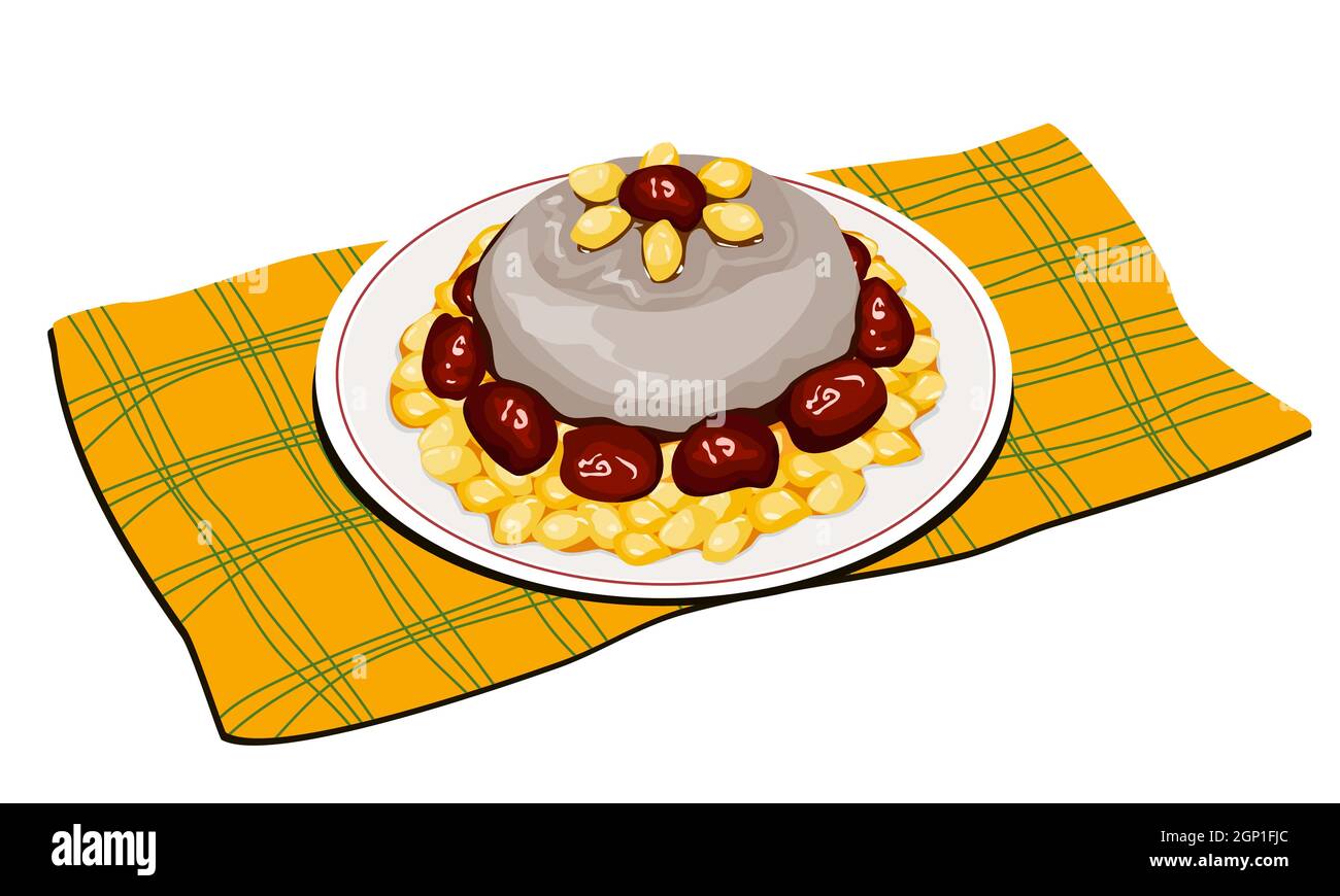 Torta di riso Ginkgo e Taro Trifle o Taro Ginkgo su piatto con piastrine su sfondo bianco. Illustrazione vettoriale realistica del cibo isolato. Illustrazione Vettoriale