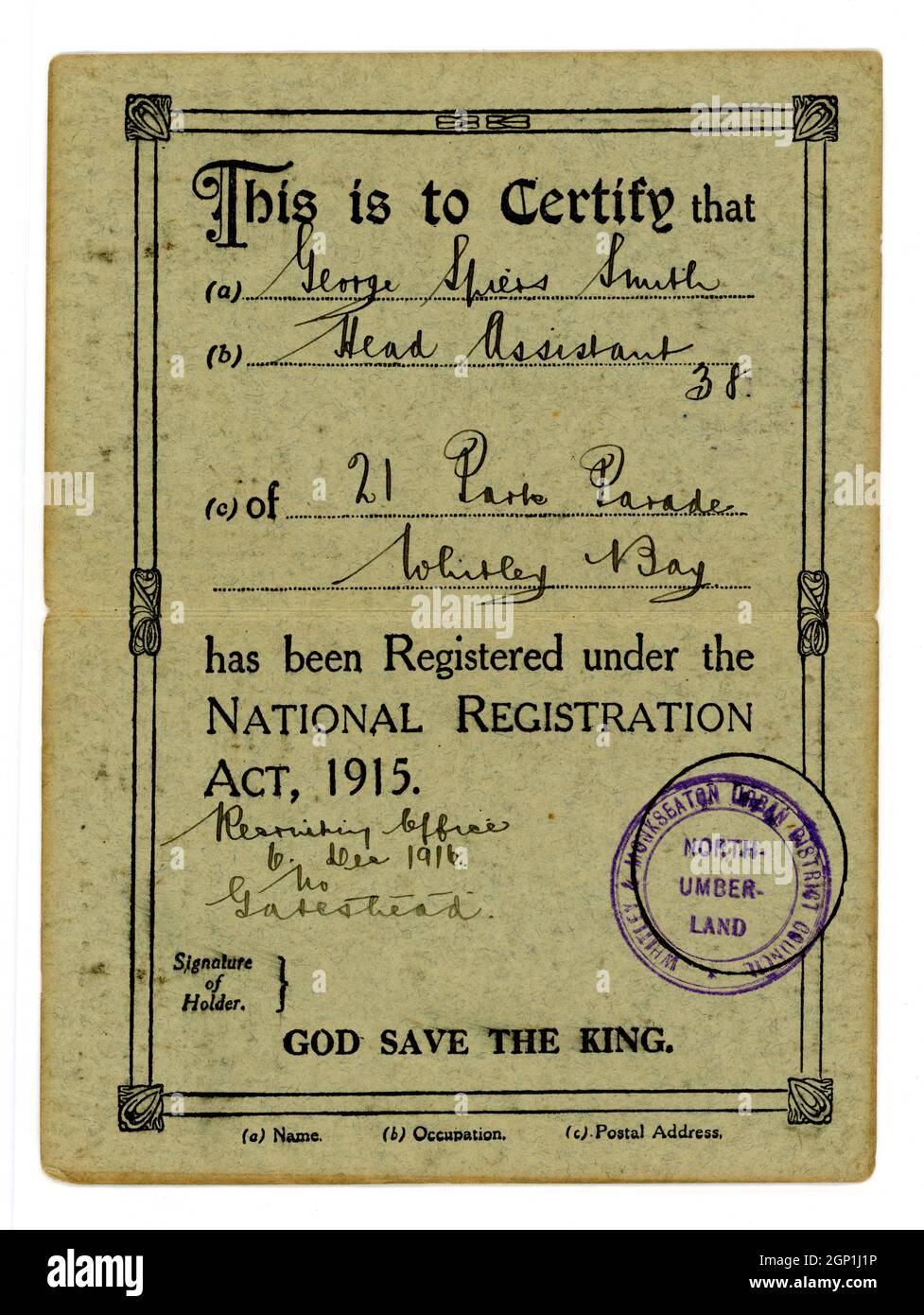 Prima guerra mondiale National Registration Act 1915 carta appartenente a George Spiers Smith, Head Assistant, 38. Timbrato - Whitley & Monkseacon Urban District Council, Northumberland da parte di un funzionario di reclutamento 0n 6 dicembre 1916 Foto Stock