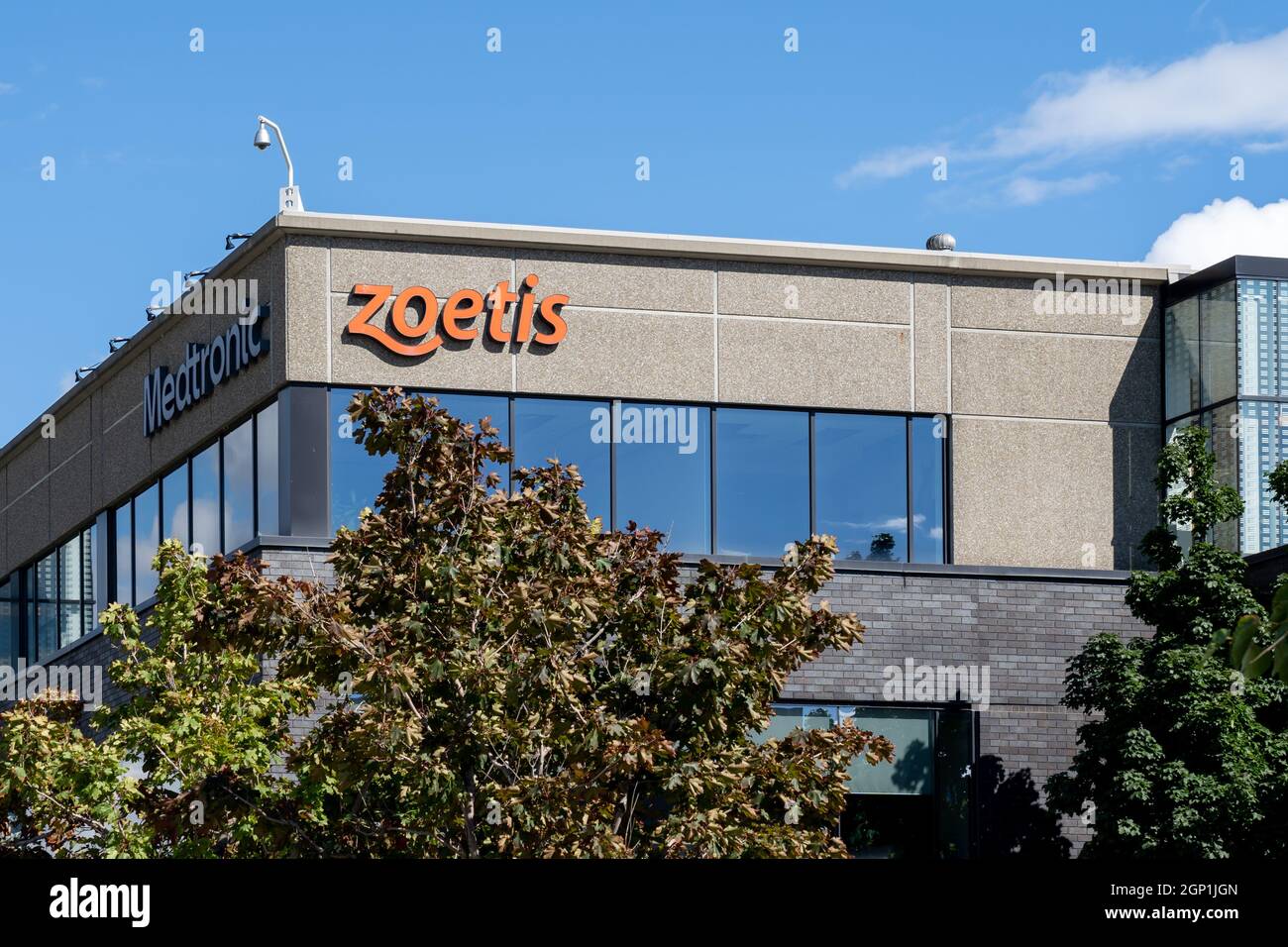 Kirkland, QC, Canada - 3 settembre 2021: Primo piano del cartello Zoetis presso la loro sede centrale canadese a Kirkland, QC, Canada. Foto Stock