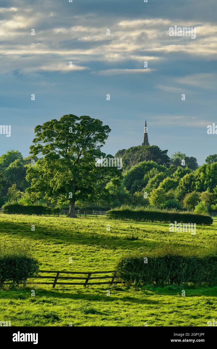 Pacifica campagna pastorale Wharfedale (terreni agricoli e alberi illuminati dal sole, pascoli, cielo blu estivo serale, chiesa del villaggio) - West Yorkshire, Inghilterra, Regno Unito. Foto Stock