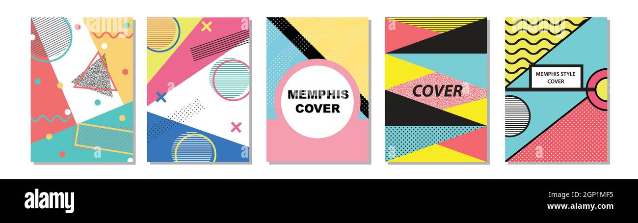 Set di copertine in stile Memphis. Illustrazioni vettoriali piatte per sfondo, opuscoli, poster e banner. Illustrazione Vettoriale