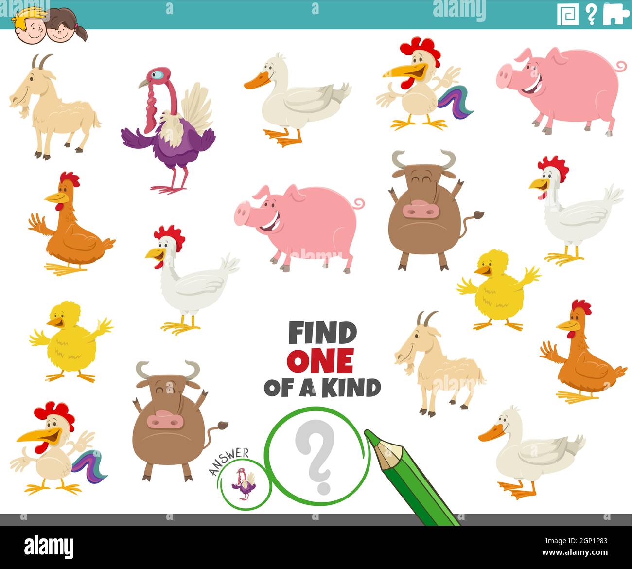 un gioco del genere per i bambini con animali da fattoria cartoni animati Illustrazione Vettoriale