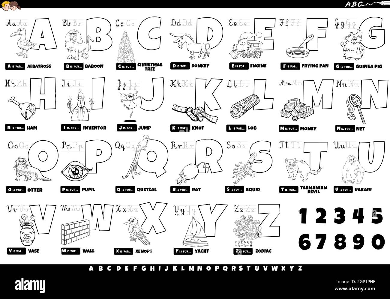 alfabeto in bianco e nero con set di oggetti e caratteri cartoni animati Illustrazione Vettoriale