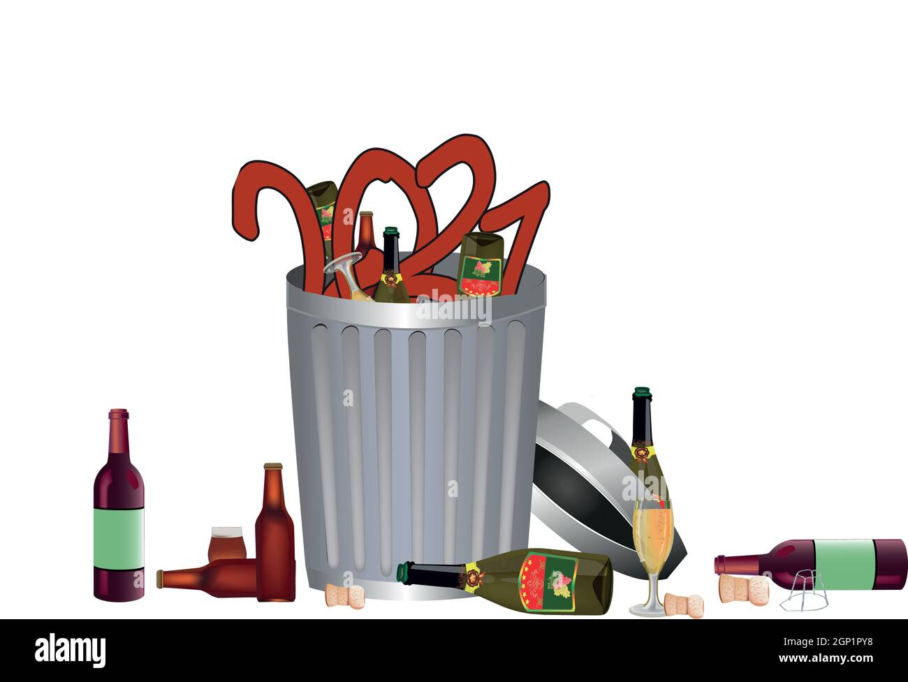 Illustrazione 2D di una lattina di rifiuti con il numero 2021 in essa accanto alle bottiglie di alcol Foto Stock