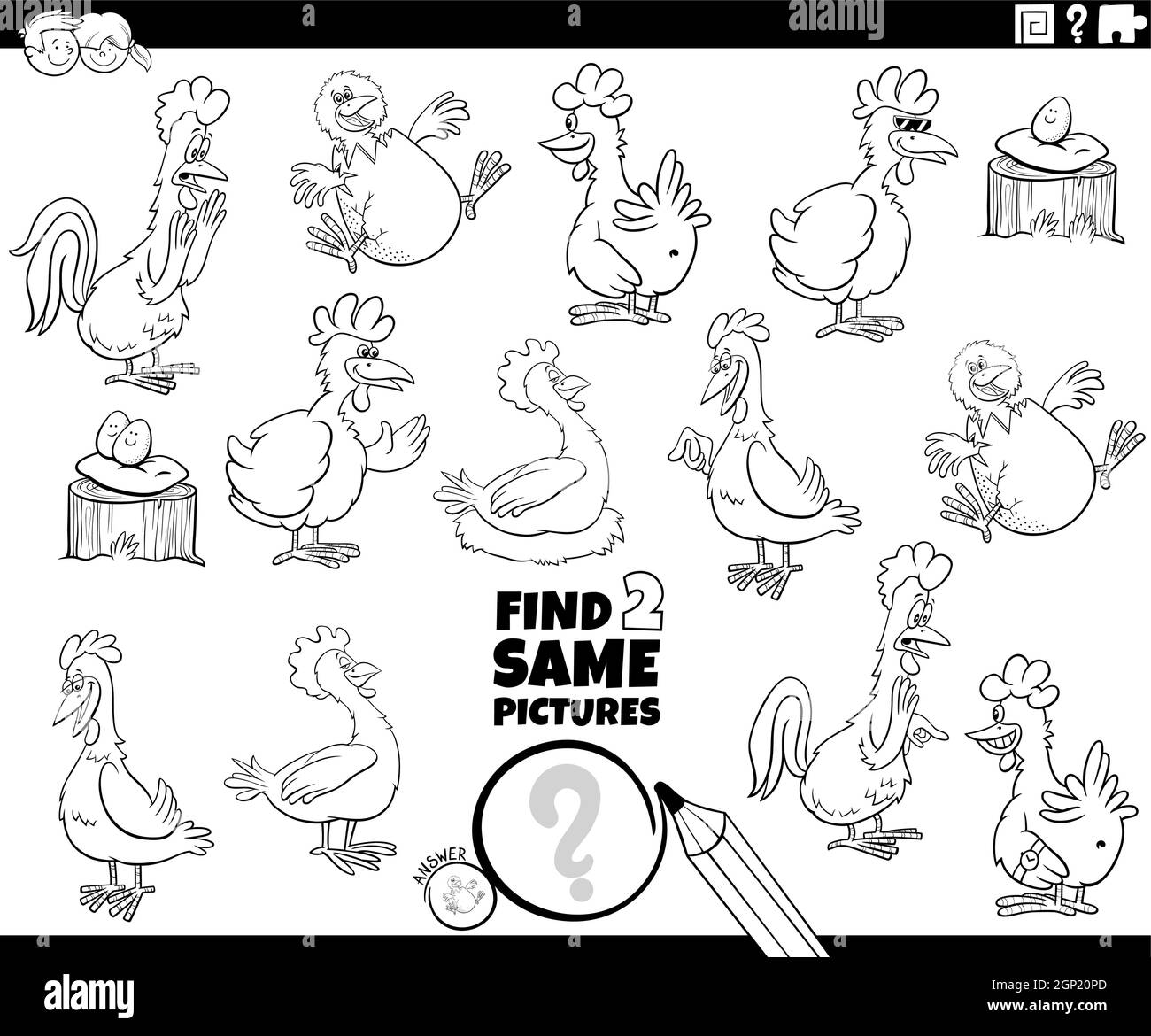 trova due stessi caratteri di pollo compito colorare pagina libro Illustrazione Vettoriale
