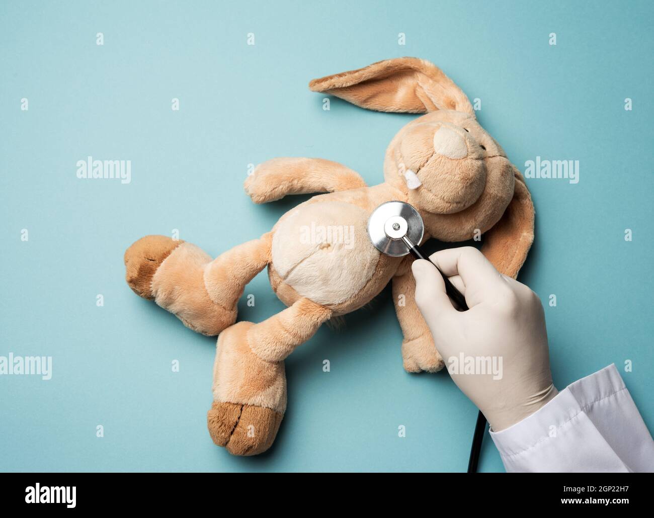 peluche coniglio giace su uno sfondo blu, una mano maschio in un guanto bianco lattice contiene uno stetoscopio medico, vista dall'alto, pediatria Foto Stock