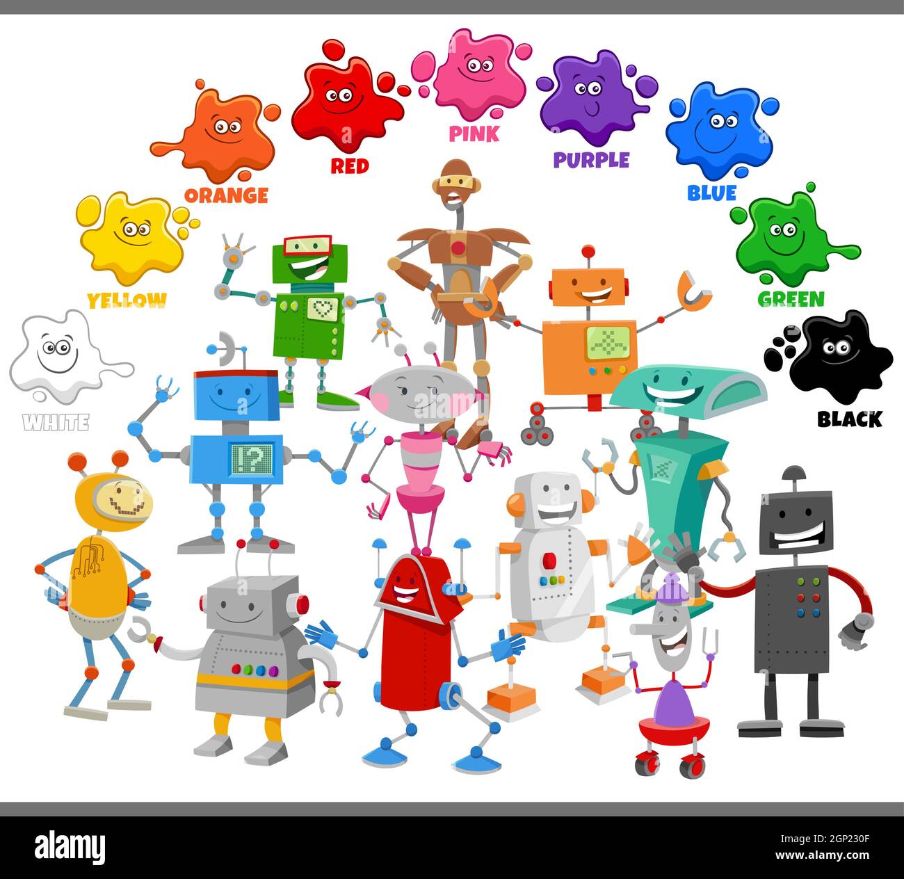 colori base per bambini con gruppo di personaggi robot Illustrazione Vettoriale