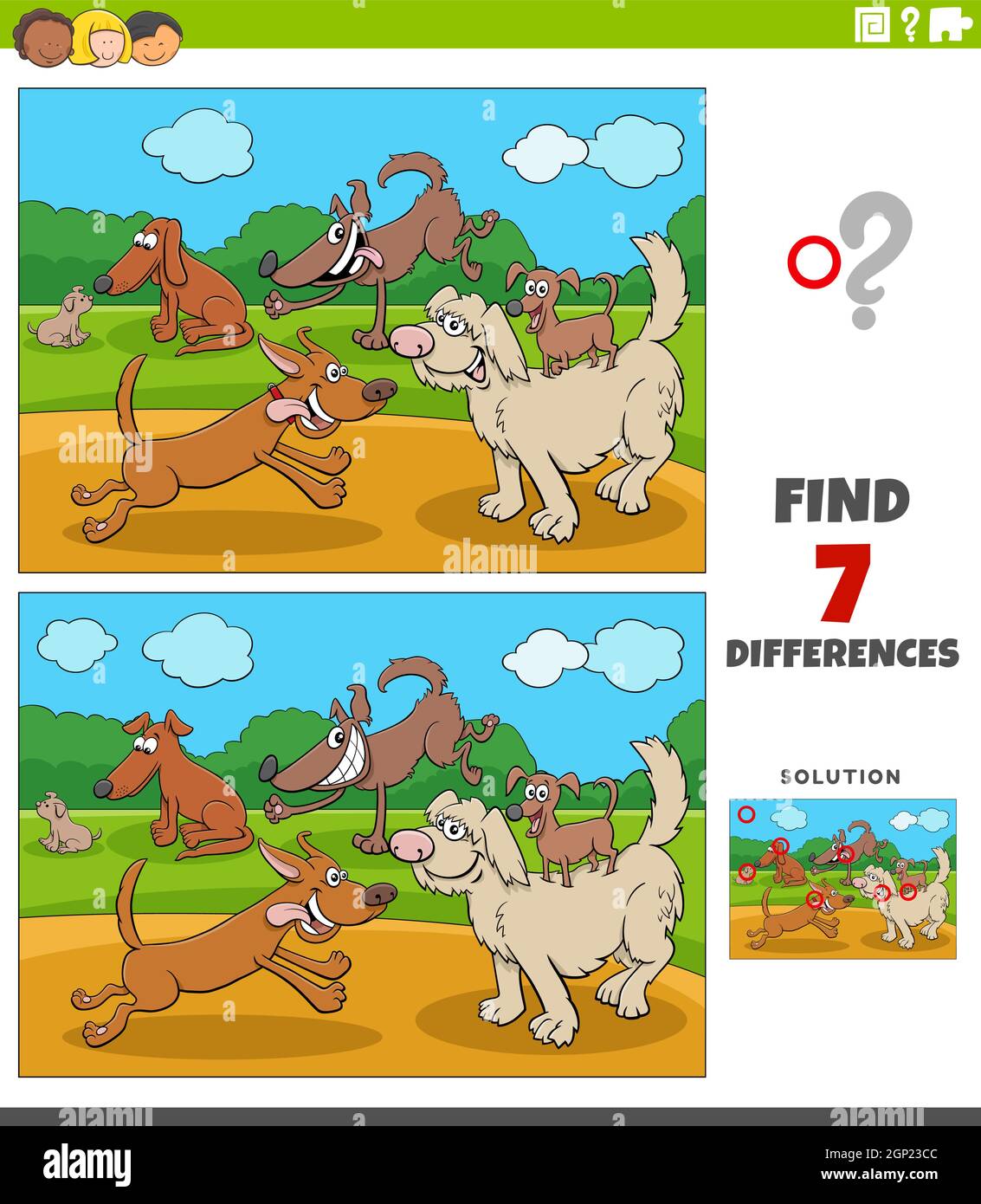 differenze gioco educativo per bambini con gruppo di cani felici Illustrazione Vettoriale