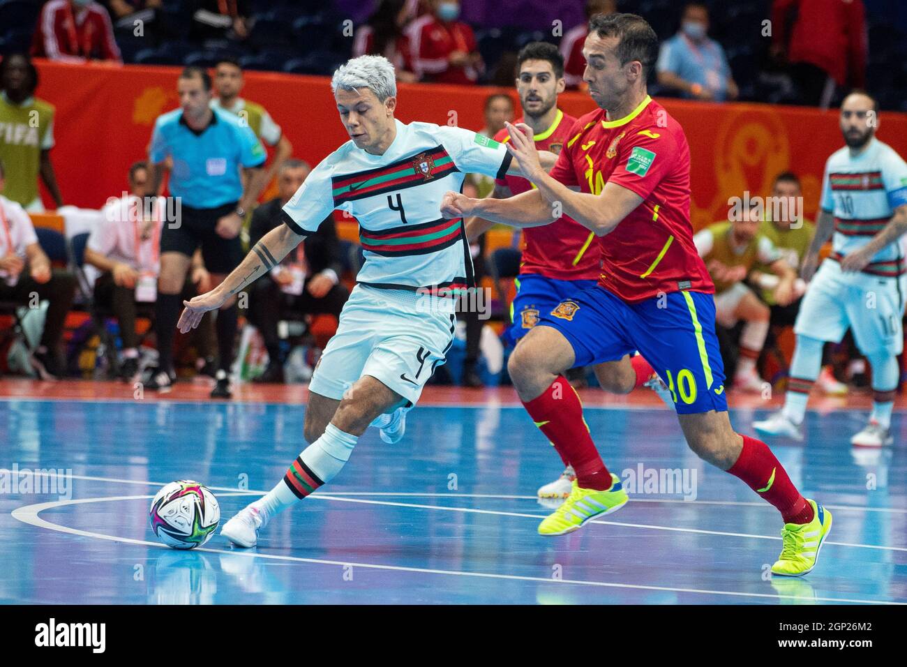 2021-09-27. COLPO DI STATO MONDIALE FIFA FUTSAL LITUANIA 2021. Spagna-Portogallo - 2-4. Foto di Alfredas Pliadis Foto Stock