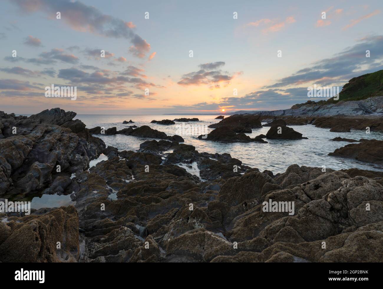 Sharrow Point al tramonto nella Cornovaglia sud-orientale Foto Stock