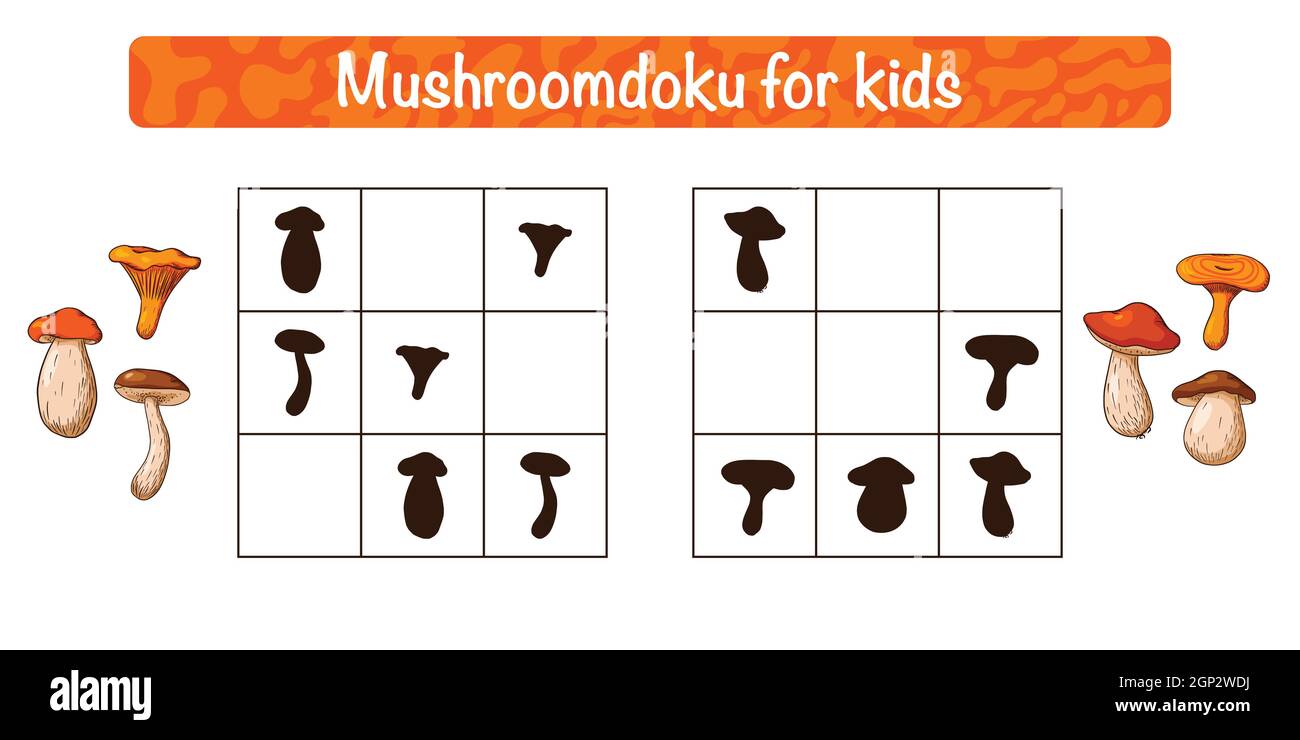 Mushroomdoku gioco educativo per i bambini. Sudoku con attività di funghi commestibili per bambini. Rompicapo della scuola. Foglio di lavoro didattico. Vettore Premium Illustrazione Vettoriale