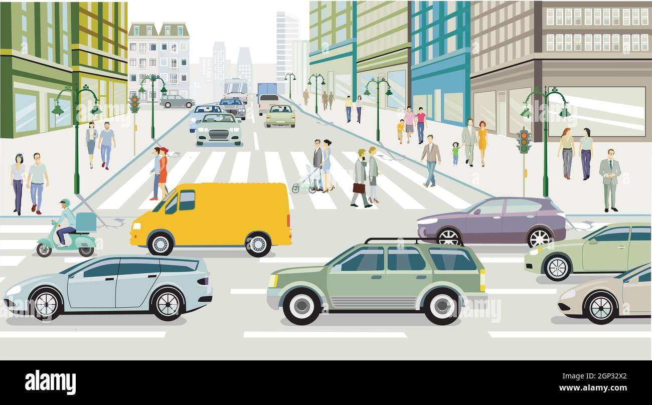 La silhouette della grande città con la via dello shopping Illustrazione Vettoriale