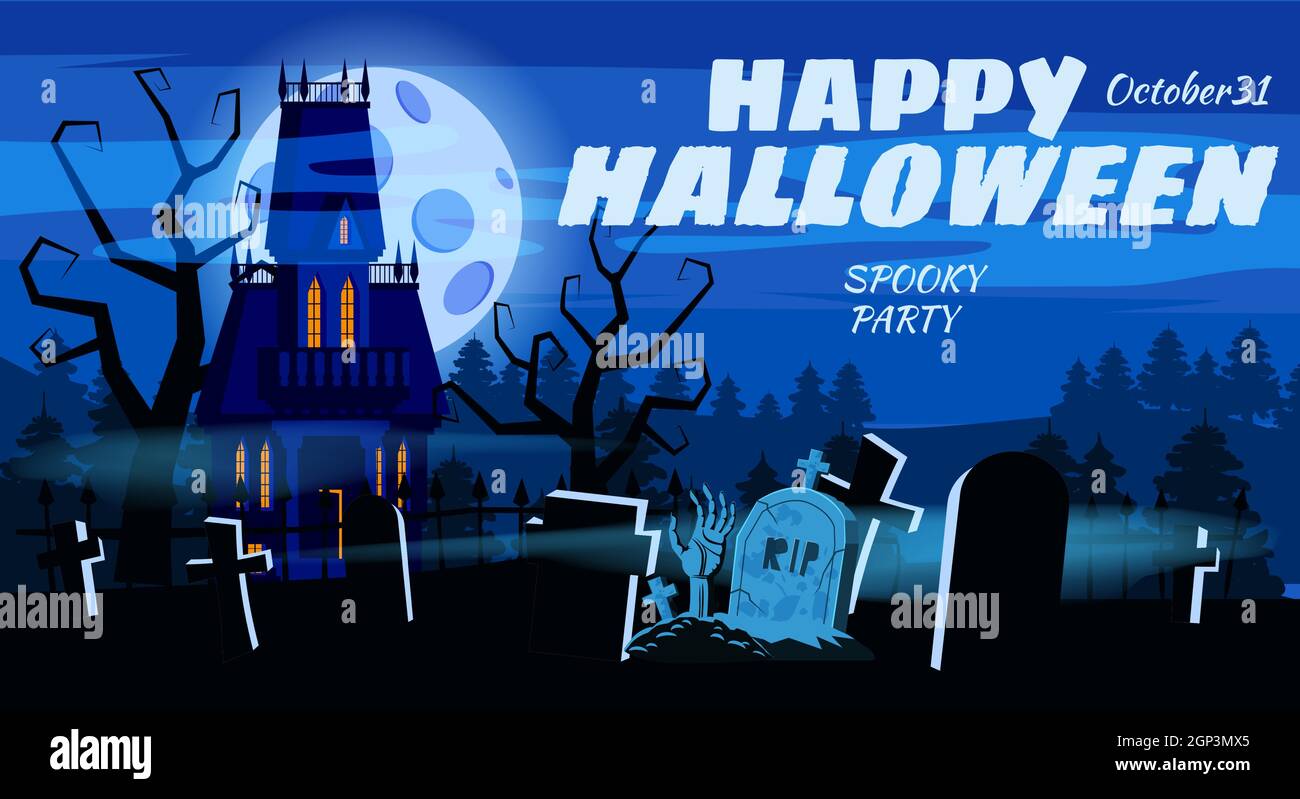 Happy Halloween Lonely spaventoso abbandonato villa cimitero tombe. Stile cartoon isolato vettoriale Illustrazione Vettoriale