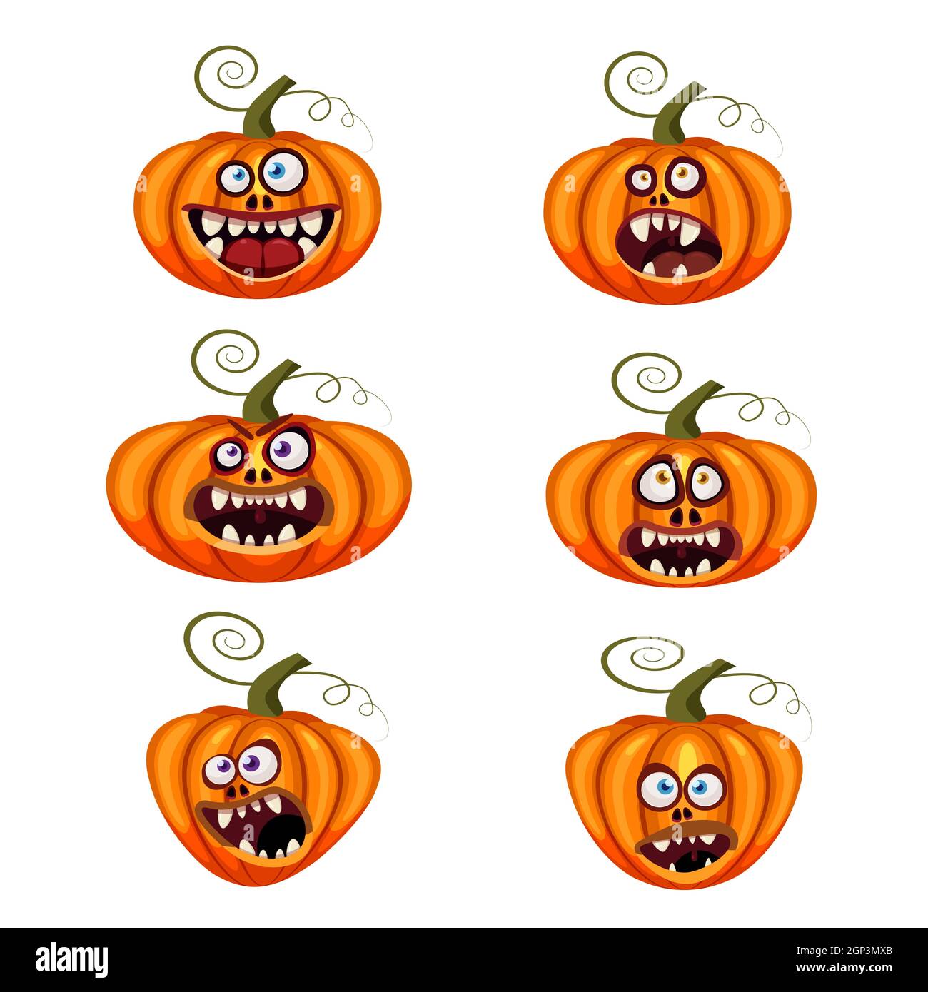 Set Pumpkins Halloween divertenti volti a bocca aperta creepy e spaventoso divertente Jaws teeths creature espressione mostri personaggi. Cartone animato isolato vettoriale Illustrazione Vettoriale