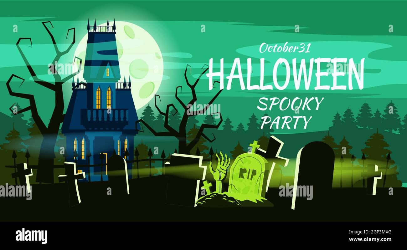 Happy Halloween Lonely spaventoso abbandonato villa cimitero tombe. Stile cartoon isolato vettoriale Illustrazione Vettoriale