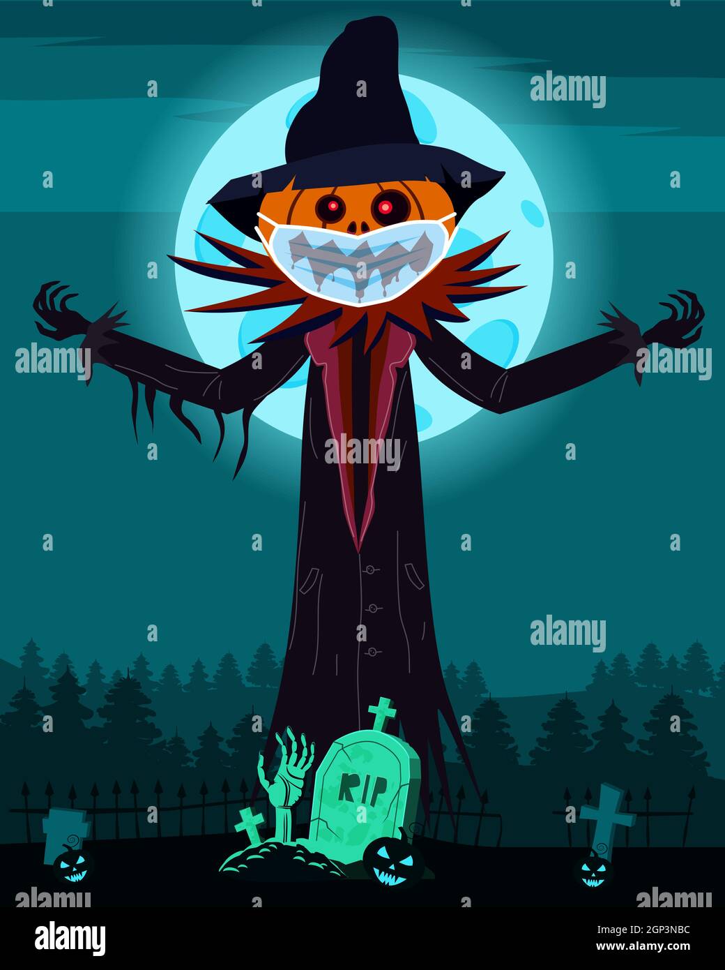 Carattere di Scarecrow al cimitero in maschera medica del viso da coronavirus durante la quarantena con una zucca Jack o Lantern testa in cappotto strappato con Illustrazione Vettoriale