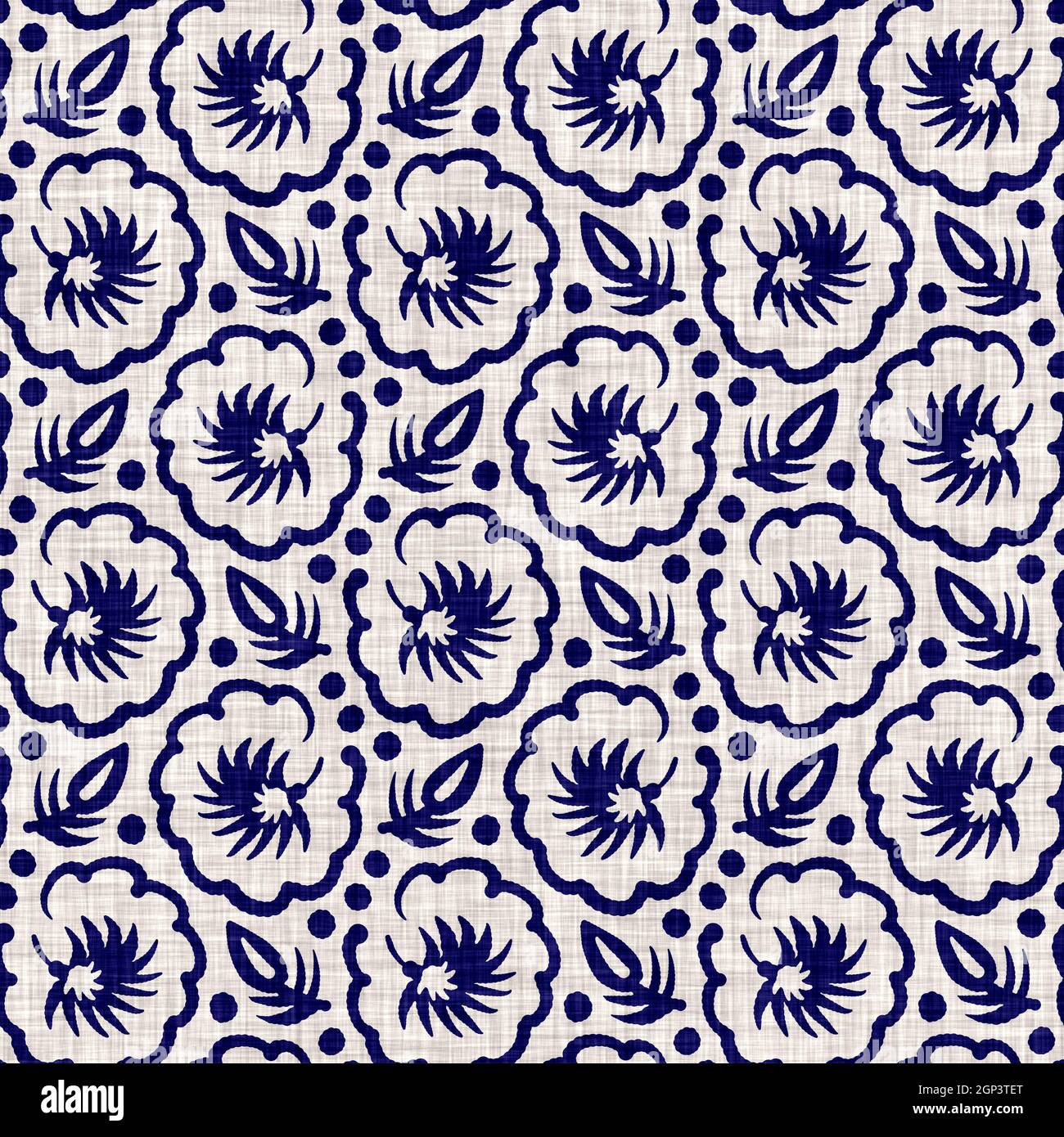 Indigo blu fiore blocco stampa tinta tessuto di lino sfondo. Campione giapponese di ripetizione batik tessuto senza cuciture. Sfocatura floreale organica afflosciata Foto Stock