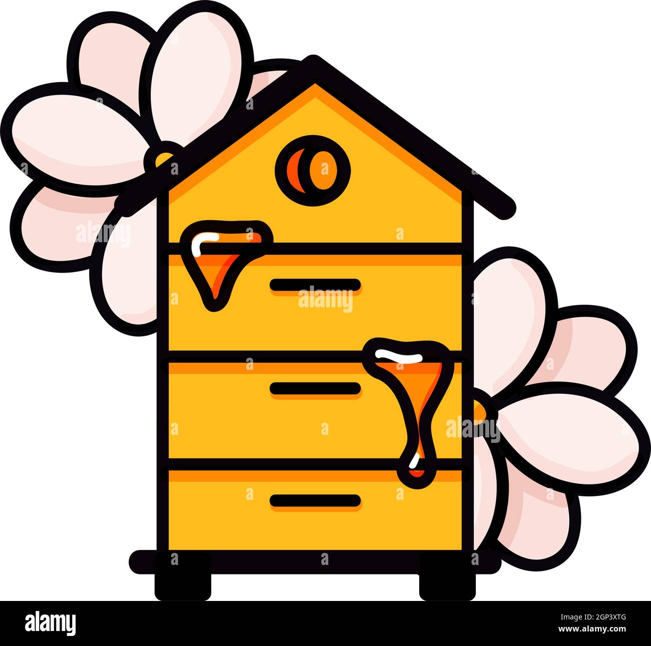 Alveare. Illustrazione del vettore di barbatella dell'alveare giallo. Casa della vespa, ape e insetto con fiori. Produzione di miele, apicoltura. Illustrazione cartoon piatta isolato su bianco Illustrazione Vettoriale