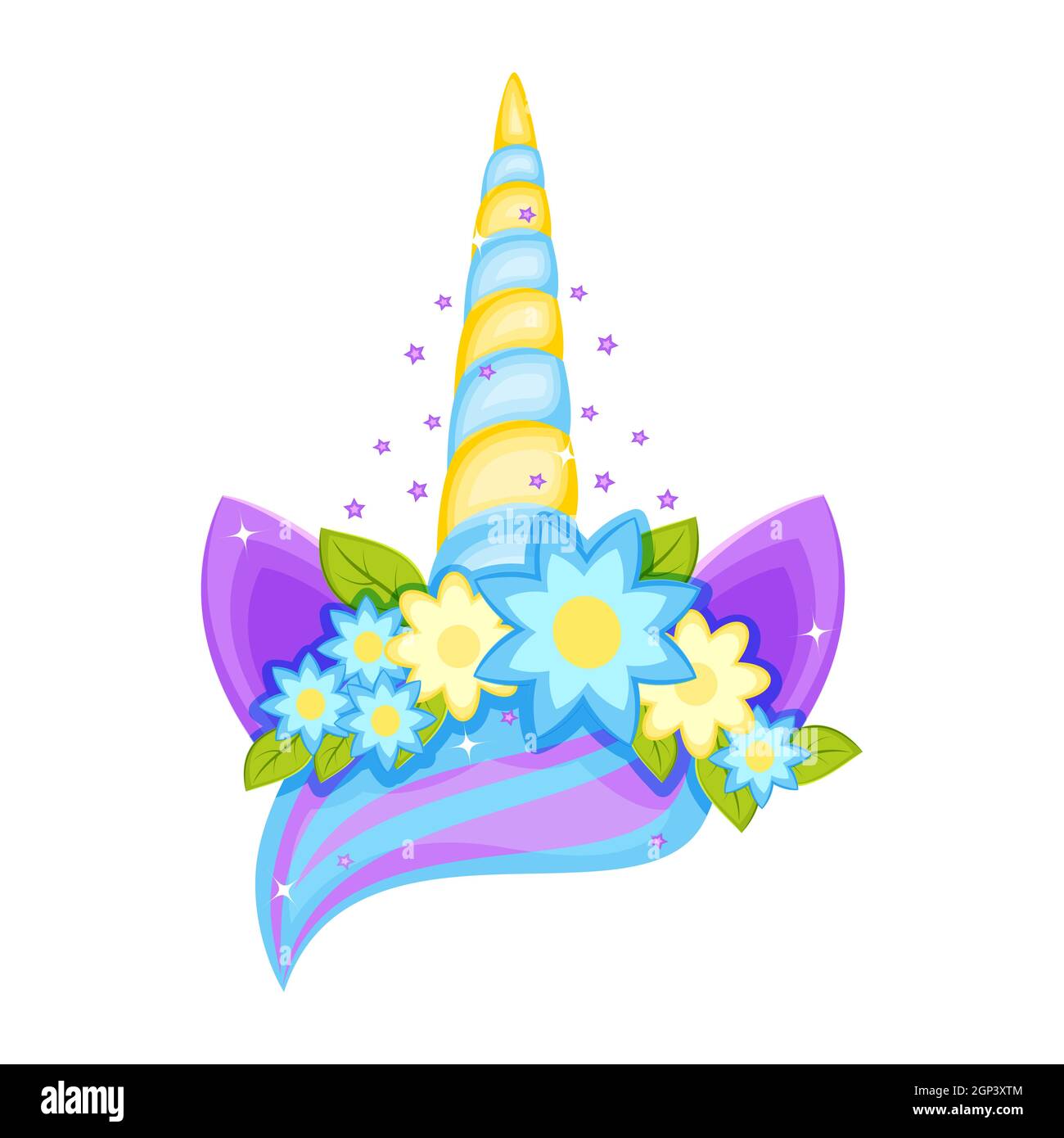Tiara unicorno con fiori, orecchie e corno diversi. Illustrazione Vettoriale