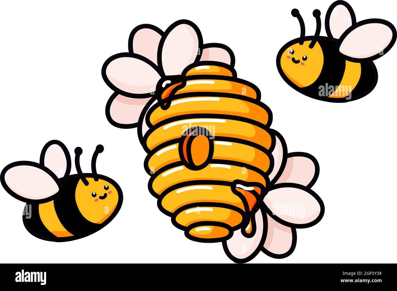 Alveare con belle api e fiori. Illustrazione del vettore di barbatella dell'alveare giallo. Casa della vespa, ape e insetto con fiori. Produzione di miele, apicoltura. Illustrazione cartoon piatta isolato su bianco Illustrazione Vettoriale