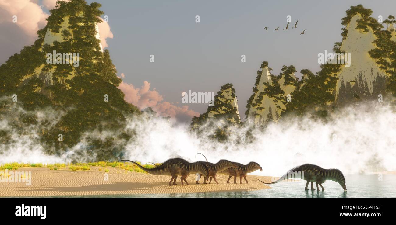 Un gregge di dinosauri di Amargasaurus scende in un lago per bere la mattina, mentre un gregge di rettili Zhenyuanopterus Pterosaur volano sulla vicina montagna Foto Stock