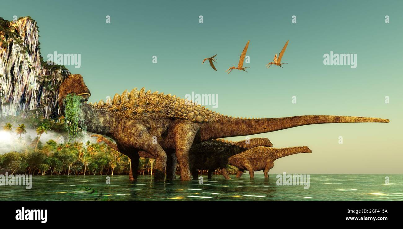 Dinosauri Ampelosaurus wade in acqua per mangiare vegetazione sottomarina nel Cretaceo. Foto Stock