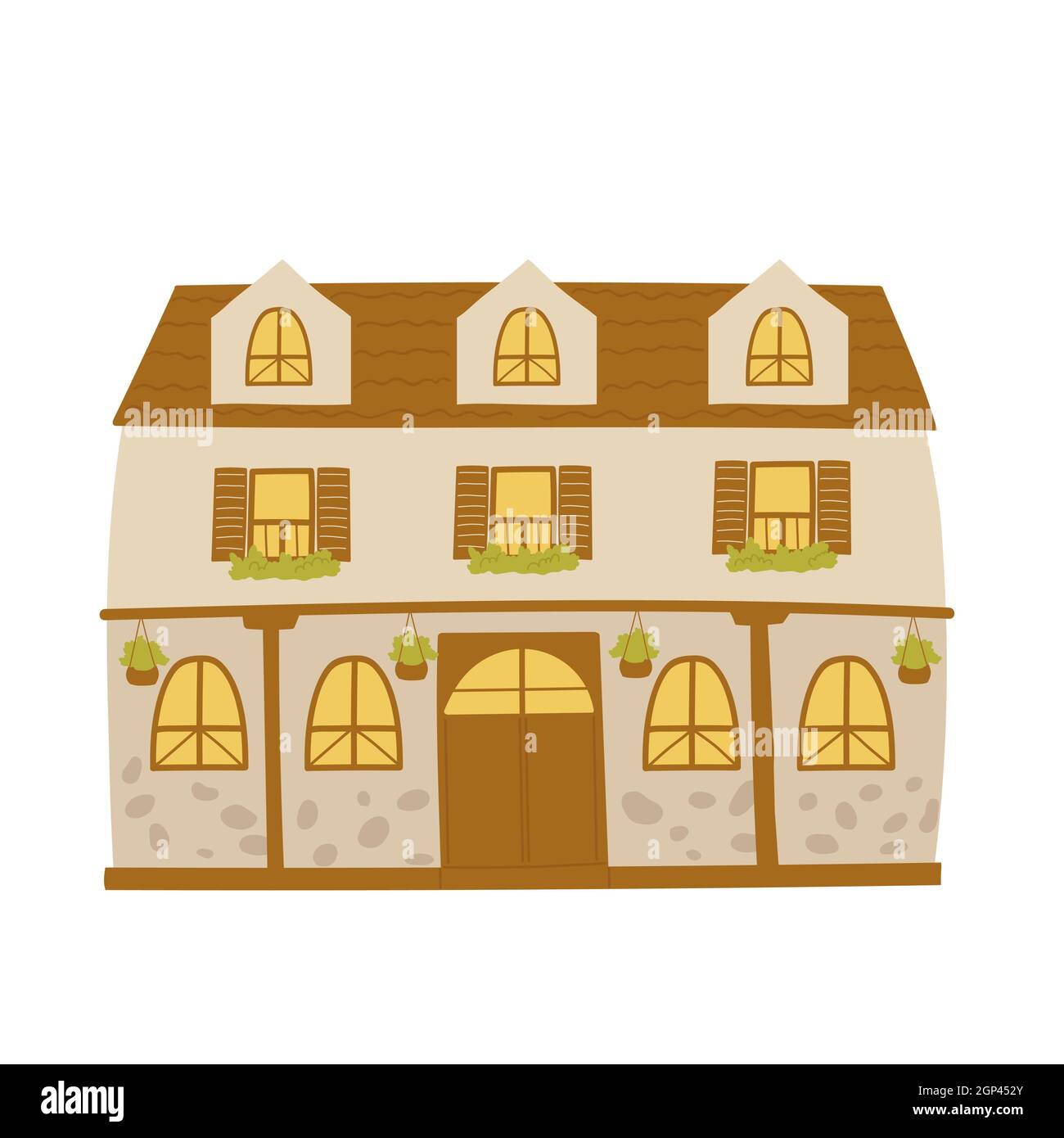 Cute casa marrone, casa in villaggio o città vettore illustrazione. Cartoon estate Townhouse architettura, divertente casa edificio cottage con tetto porte finestre isolate su bianco Illustrazione Vettoriale