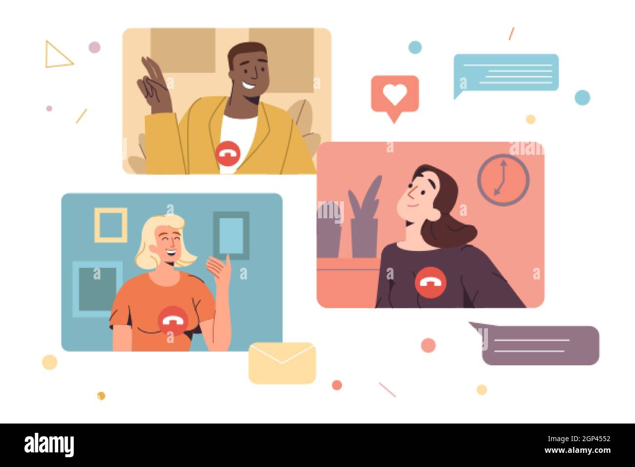 Videoconferenza di dipendenti remoti o collaborazione di team. Riunione virtuale di colleghi o amici. Discussione online o live streaming in stile piatto. Lavoro da casa, concetto di stile di vita flessibile. Illustrazione Vettoriale