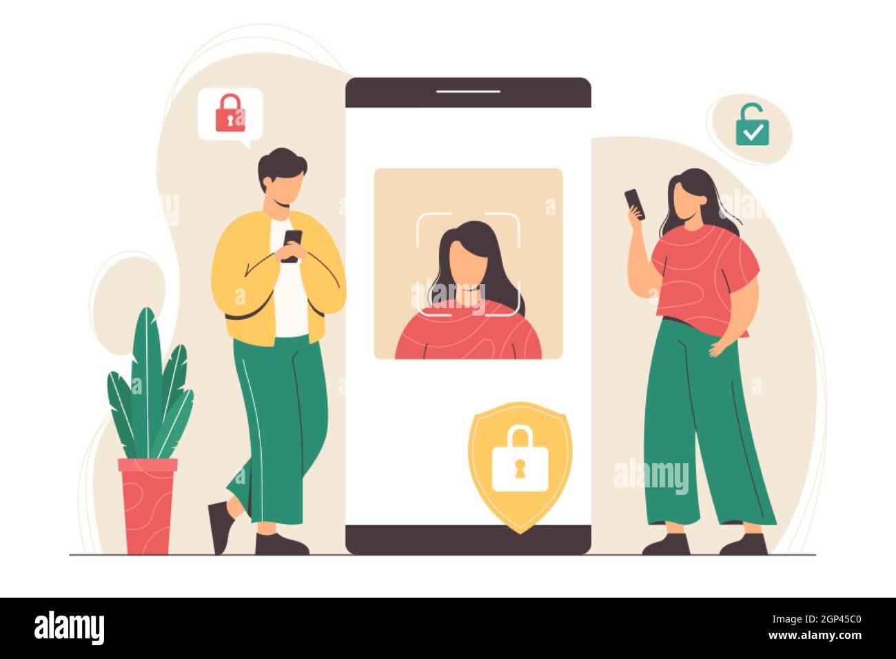 Concetto di tecnologia di riconoscimento facciale. Sistema Face ID nell'app per smartphone, concetto di identificazione biometrica. Uomo e donna si levano in piedi con i telefoni e scansionano i volti per verificare l'identità della persona e sbloccare il dispositivo Illustrazione Vettoriale
