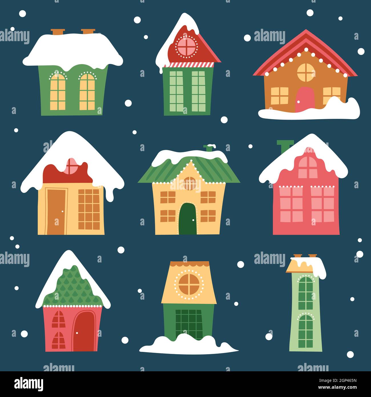 Collezione case invernali. Cartoon casa neve e cottage rurali set. Edifici innevati in design piano. Illustrazione Vettoriale