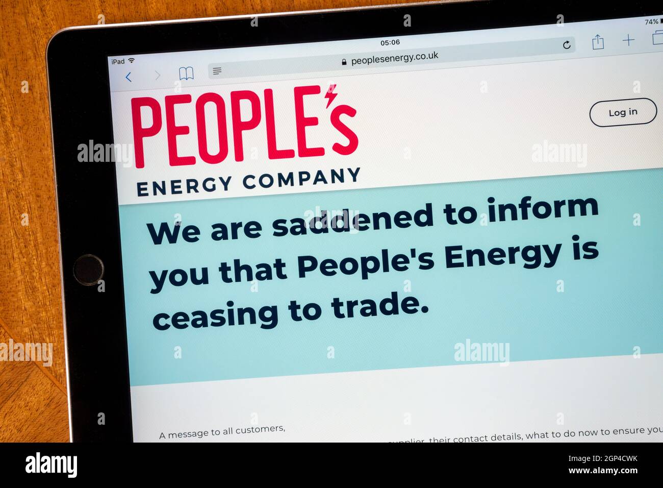 Un messaggio del sito web della People's Energy Company dice che non stanno più commerciando. Hanno cessato di commerciare il 14 settembre 2021. Foto Stock