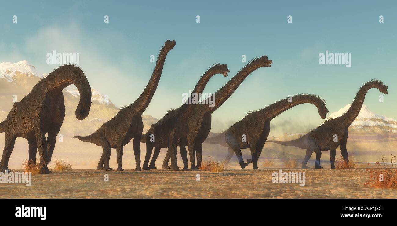 Un dinosauro Brachiosaurus mandria passano attraverso un deserto secco area nel Giurassico del Nord America. Foto Stock