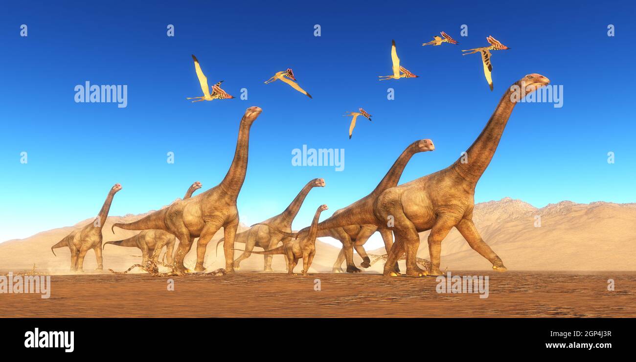 Un gregge di Thalassodromeus rettili sorvolare una mandria di Brontomerus dinosauri attraversando una zona desertica. Foto Stock
