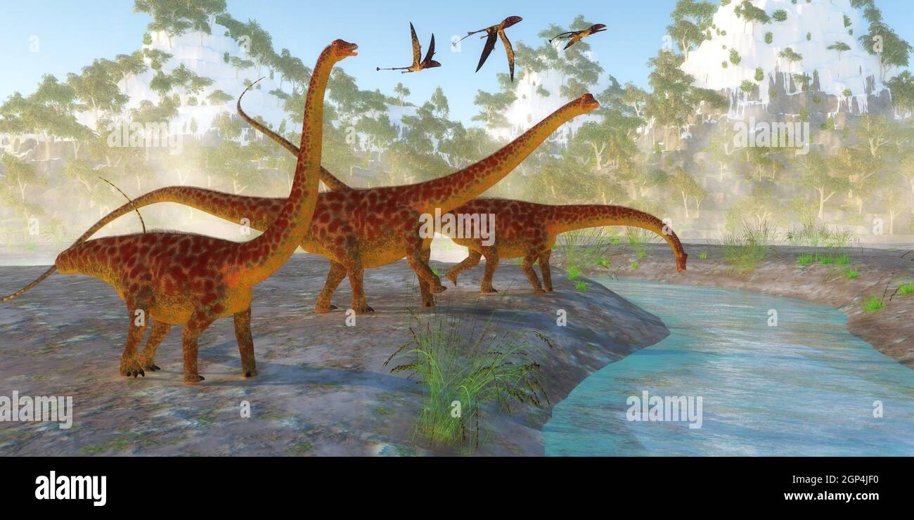 Diplodocus dinosauri vieni giù per un fiume per un drink al mattino come un gregge di Dimorphodon rettili volare nelle vicinanze. Foto Stock
