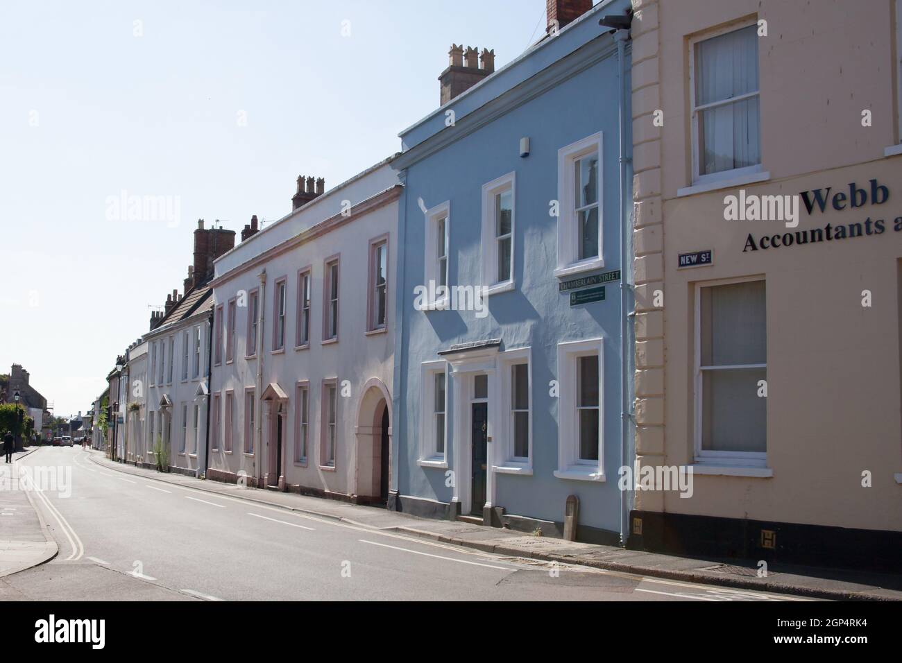 Case e aziende in Chamberlain Street a Wells, Somerset nel Regno Unito Foto Stock