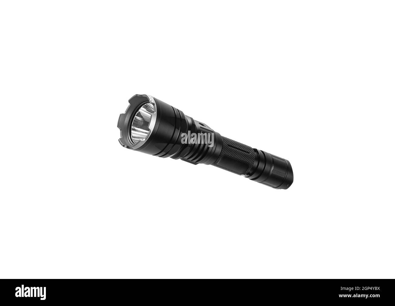 Moderna torcia a LED in metallo di colore nero. La torcia portatile si isola su uno sfondo bianco. Foto Stock