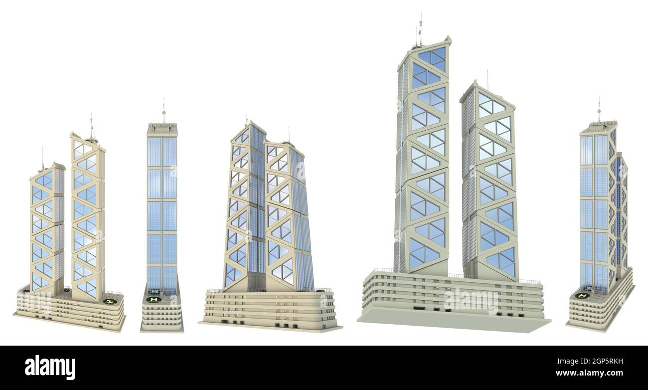 5 diverse angolazioni viste rendering di edifici finanziari a disegno fittizio con due torri con riflessi del cielo - isolato su bianco, illustrazione 3d di ar Foto Stock