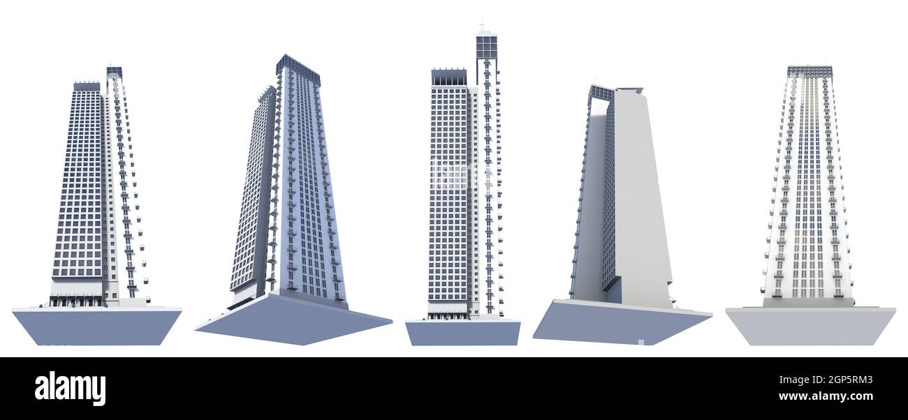 5 viste laterali rendering del disegno immaginario grattacieli città torri viventi con riflessi del cielo - isolato su bianco, illustrazione 3d dei grattacieli Foto Stock