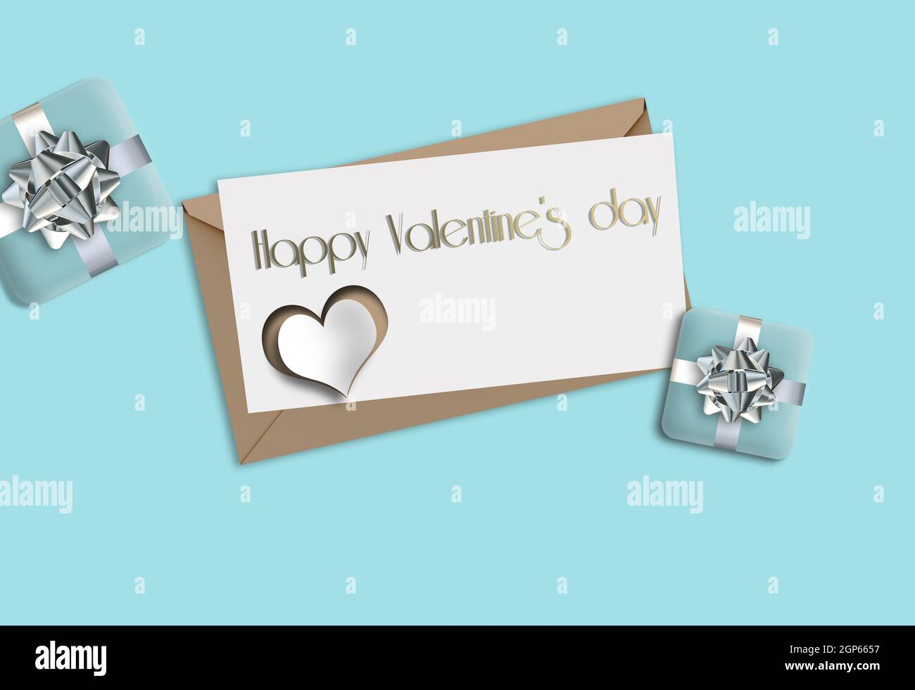 Elegante carta di San Valentino su sfondo blu turchesi con scatole regalo, cuore. Colore blu pastello. Texte sur Buon San Valentino. Simulazione, modello, 3D r Foto Stock