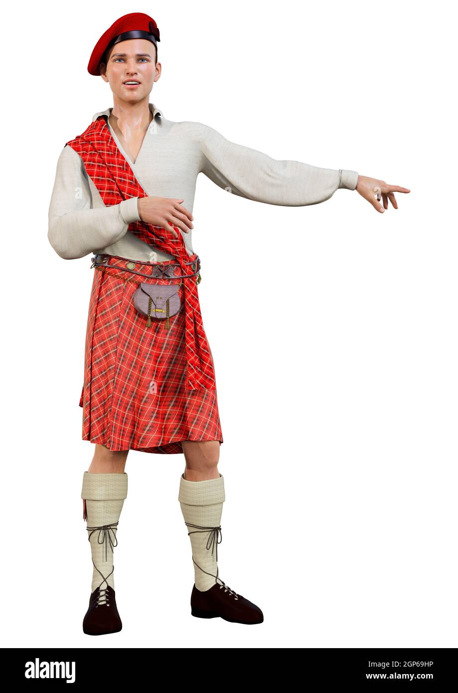Rendering 3D di un highlander con un kilt scozzese tradizionale isolato su sfondo bianco Foto Stock