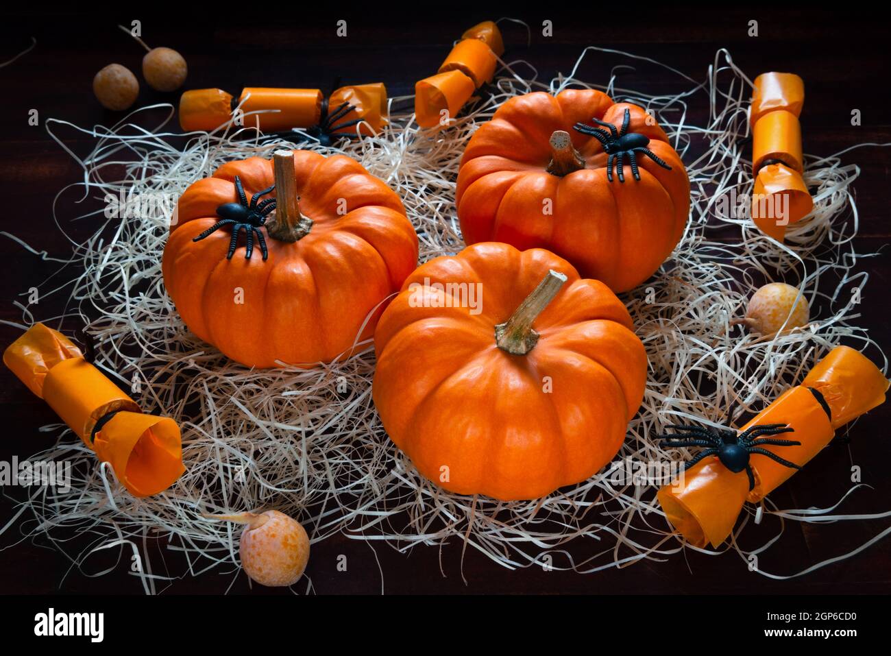 Zucche arancioni, caramelle, ragni e paglia su sfondo nero, decorazione per festa di Halloween Foto Stock