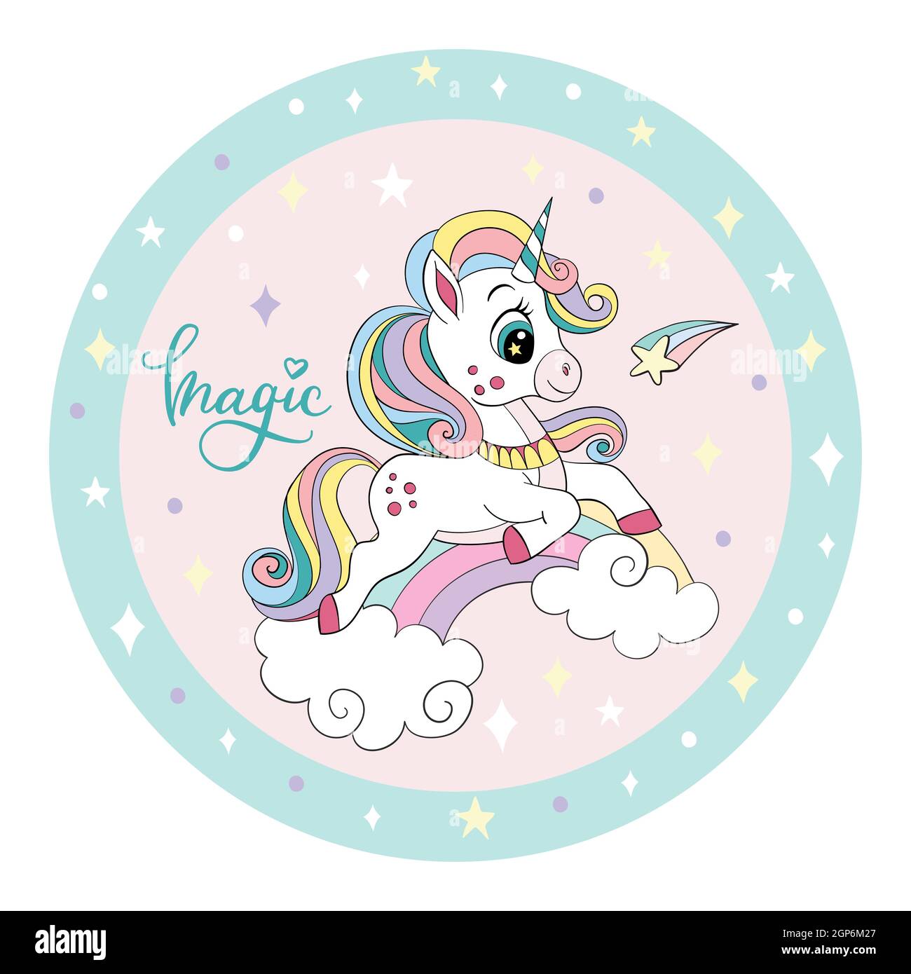 Grazioso cartoon bianco unicorno un arcobaleno con stelle e cometa. Illustrazione vettoriale a forma di cerchio. Per il partito, stampa, acquazzone del bambino, disegno, arredamento, di Illustrazione Vettoriale
