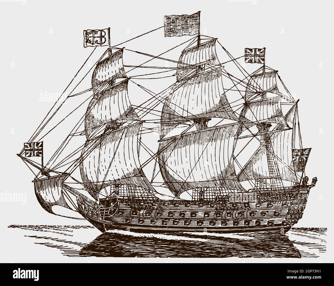 Royal George, storica nave da guerra inglese del 18 ° secolo in mare Illustrazione Vettoriale