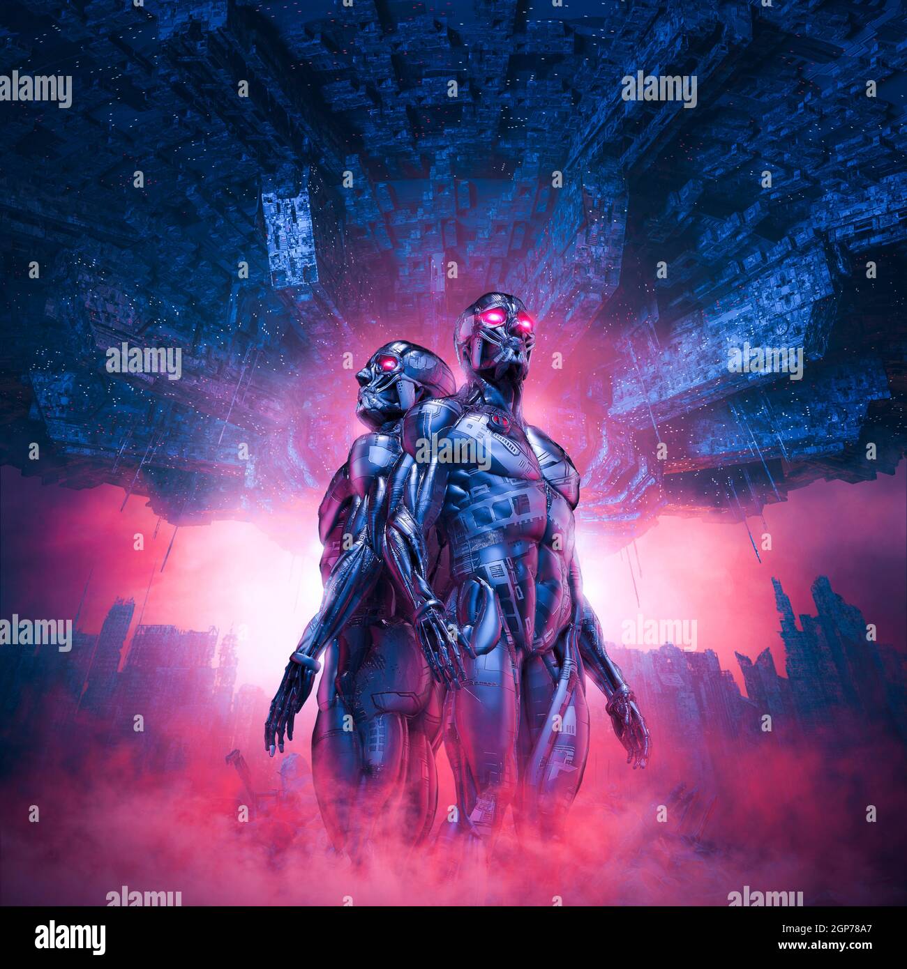 Cyborg Masters Return - illustrazione 3D della fantascienza robot umanoidi in piedi tra macerie in guerra strappata città futuristica con gigantesca nave spaziale Foto Stock